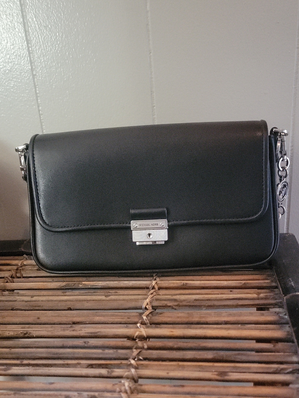 NWOT Michael Kors Black Leather Flap Shoulder Bag Silver Push Lock Chain